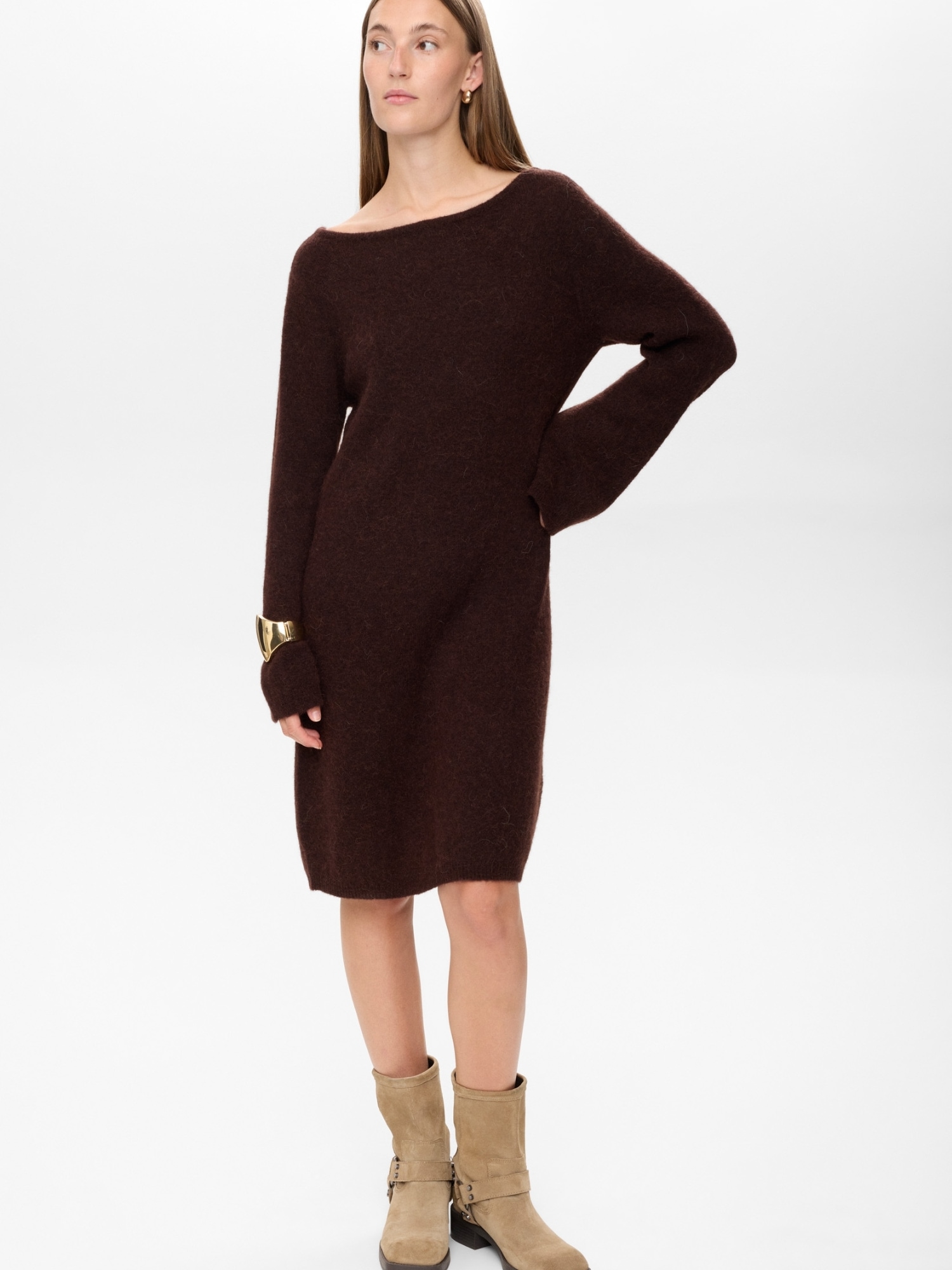 Jerseykleid NÜMPH "Nümph Dress NURIETTE", Damen, Gr. XS, Normalgrößen, schwarz coffee, Obermaterial: 32% Alpaka, 32% Wolle, 30% Polyamid, 6% Elasthan, Kleider Image