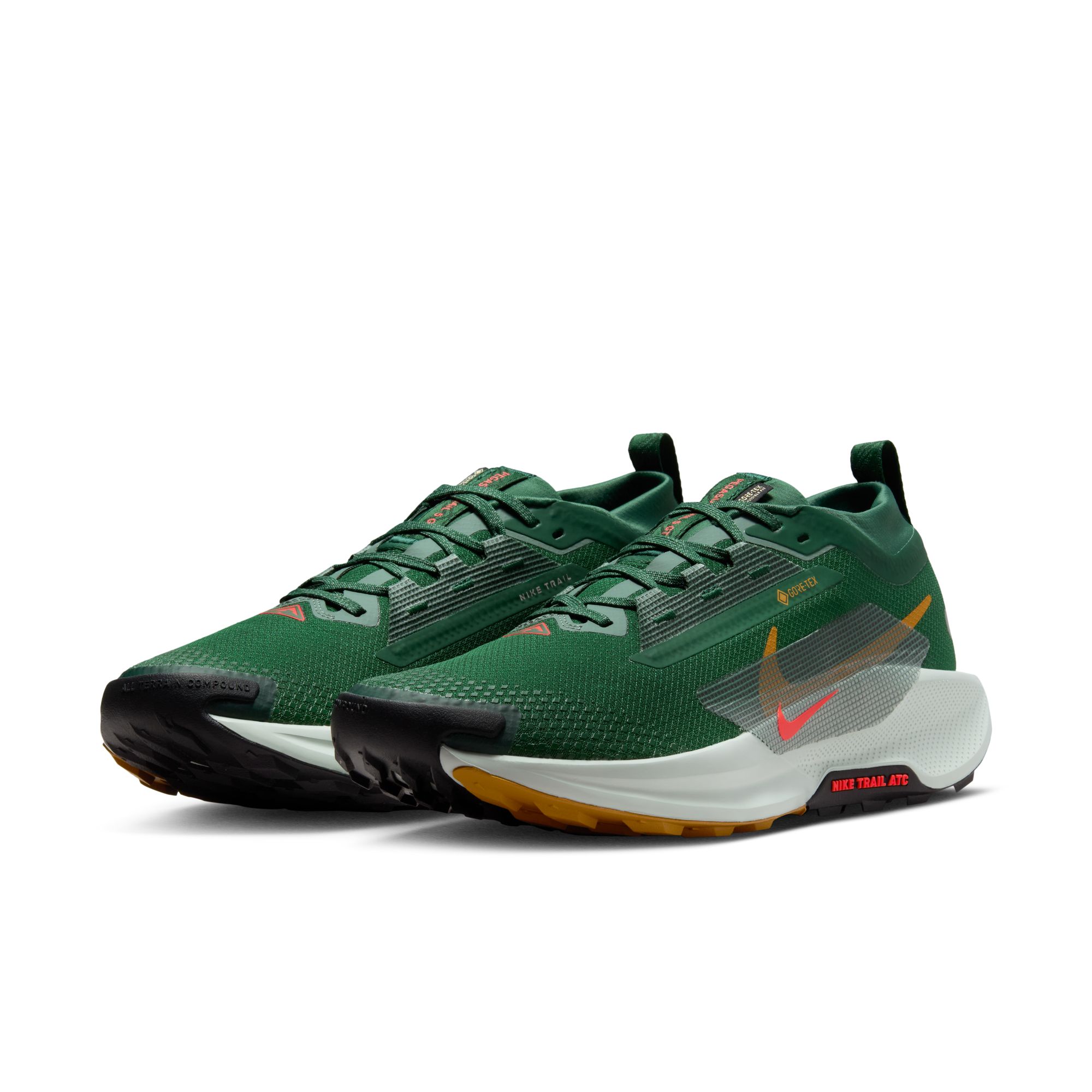 Laufschuh NIKE "NIKE PEGASUS TRAIL 5 GTX", Gr. 42,5, fir, bright crimson, clay grün, Synthetik, Textil, Schuhe