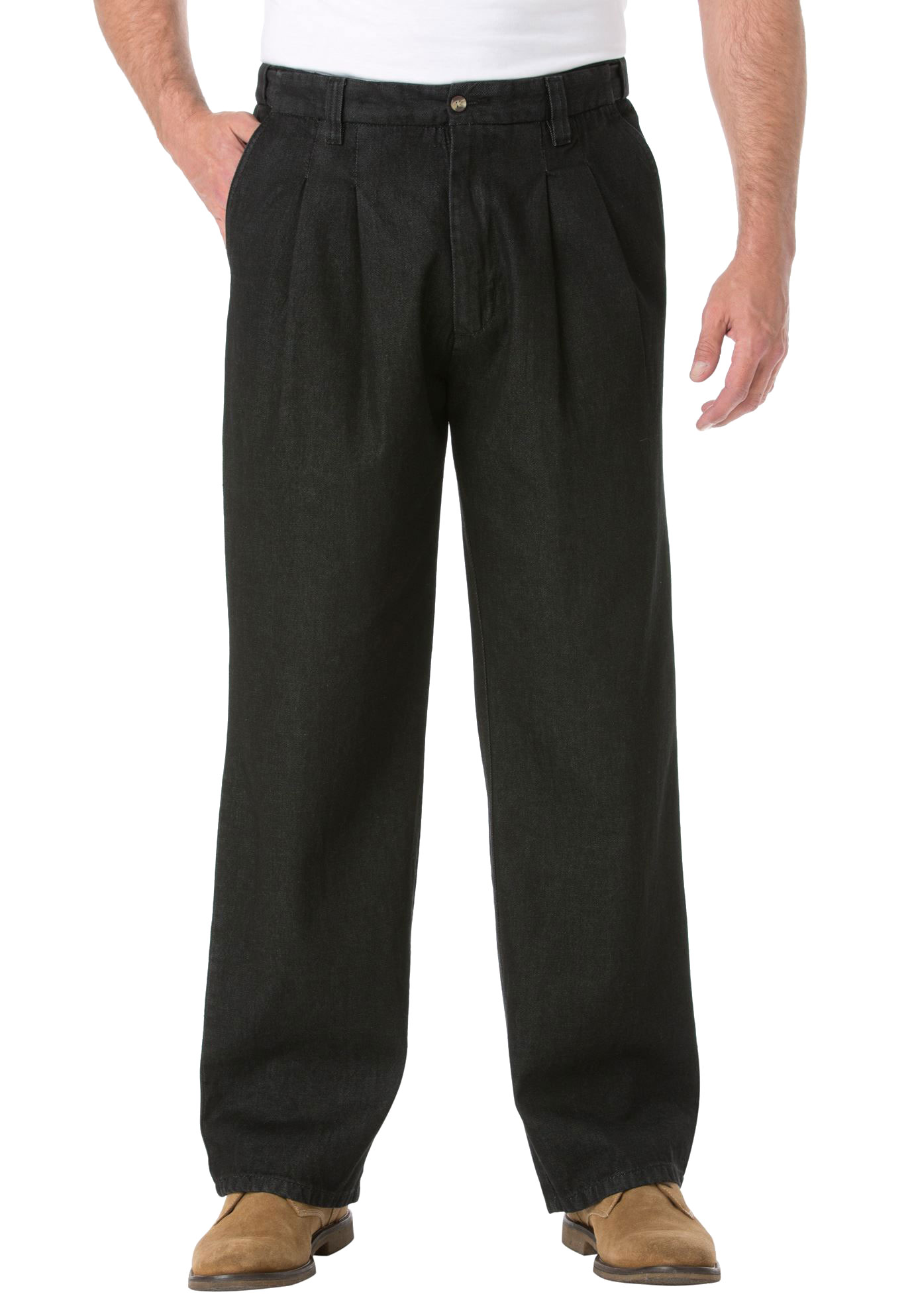 Men’s Big & Tall Relaxed Fit Comfort Waist Pleat-Front Expandable Jeans by KingSize in Black Denim (Size 54 40)