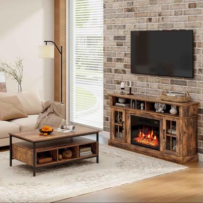 Costway 4-Piece Industrial Living Room Set: Fireplace TV Stand + 3-Tier Industrial Style Coffee Table + 71 Inch Freestanding Hall Tree + Adjustable C-shape Sofa Side Table