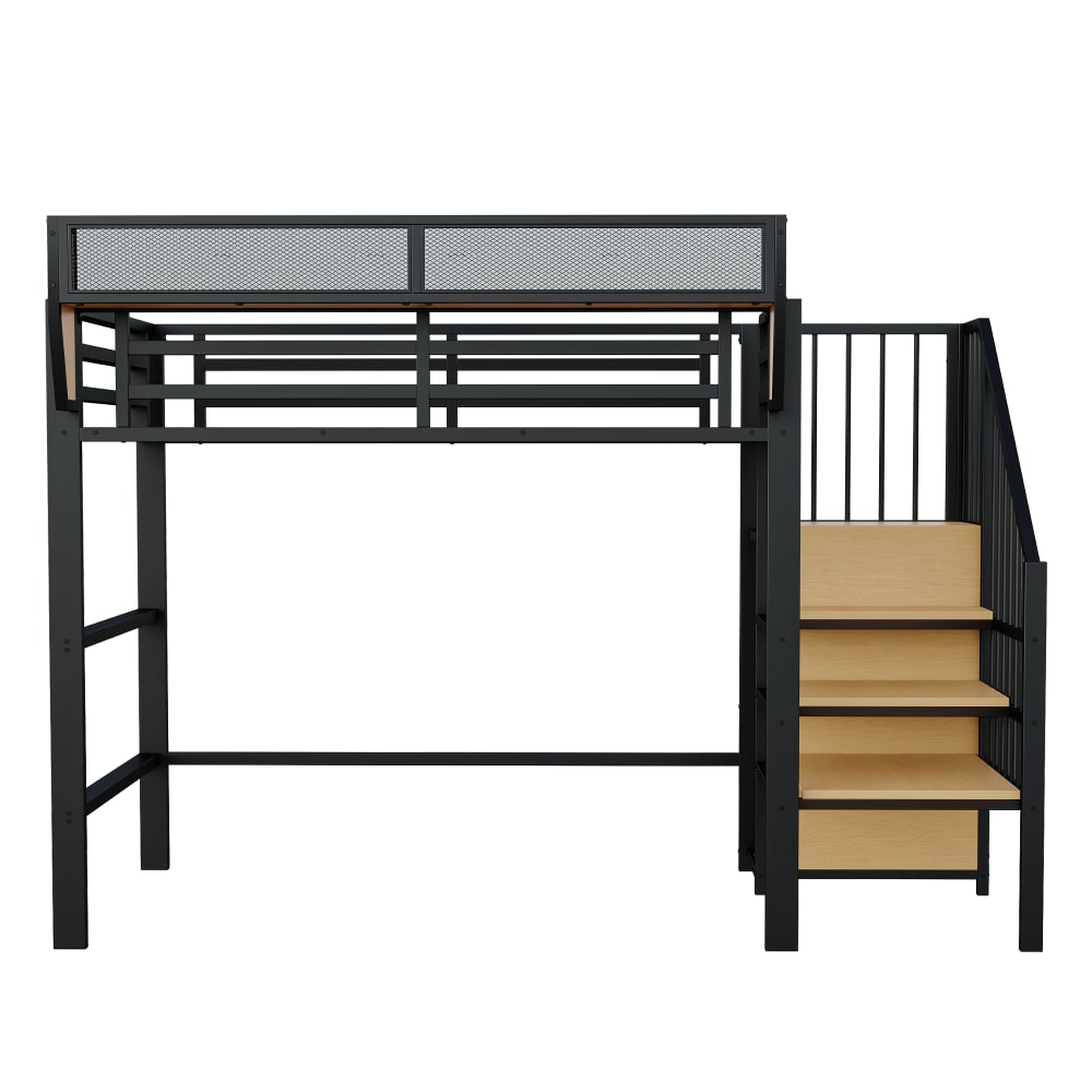 Letto a soppalco in metallo nero con ripiani, armadio e scale 90*200