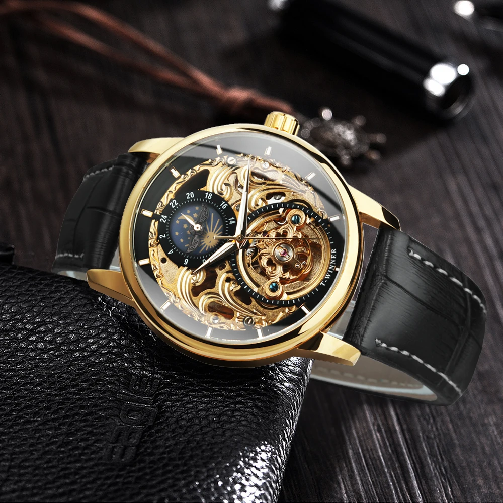 GEWINNER Vintage Tourbillon Skeleton Mechanische Uhr für Männer Leuchtzeiger Luxusmarke Gold Automatikuhren Lederarmband Neu
