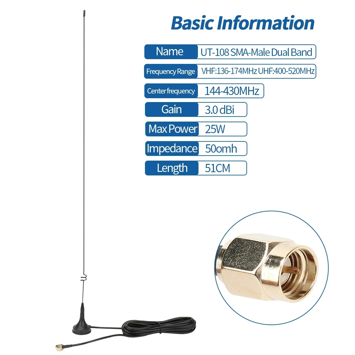 ABBREE UT-108UV Fahrzeugmontierte Antenne Dual Frequency VHF UHF SMA-Stecker Long Range für Amateur Radio Baofeng Quansheng Image