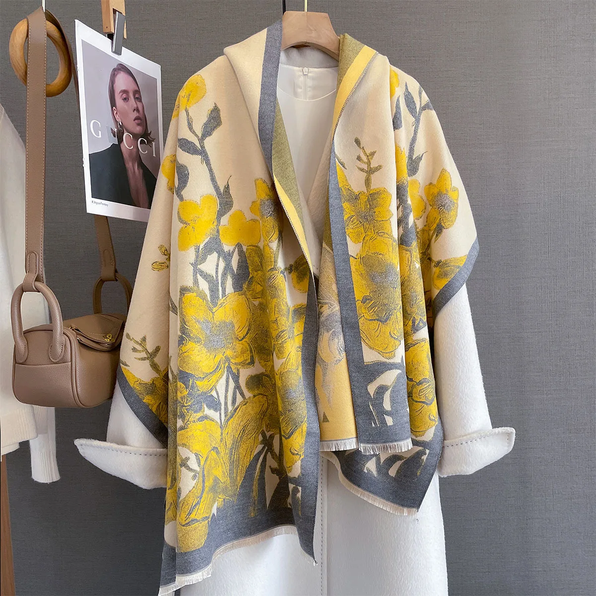 Luxus Warm Floral Schal Für Frauen 65*185 cm Lange Quaste Pashmina Schal Faux Kaschmir Warps Herbst Winter Hohe qualität Decke Image