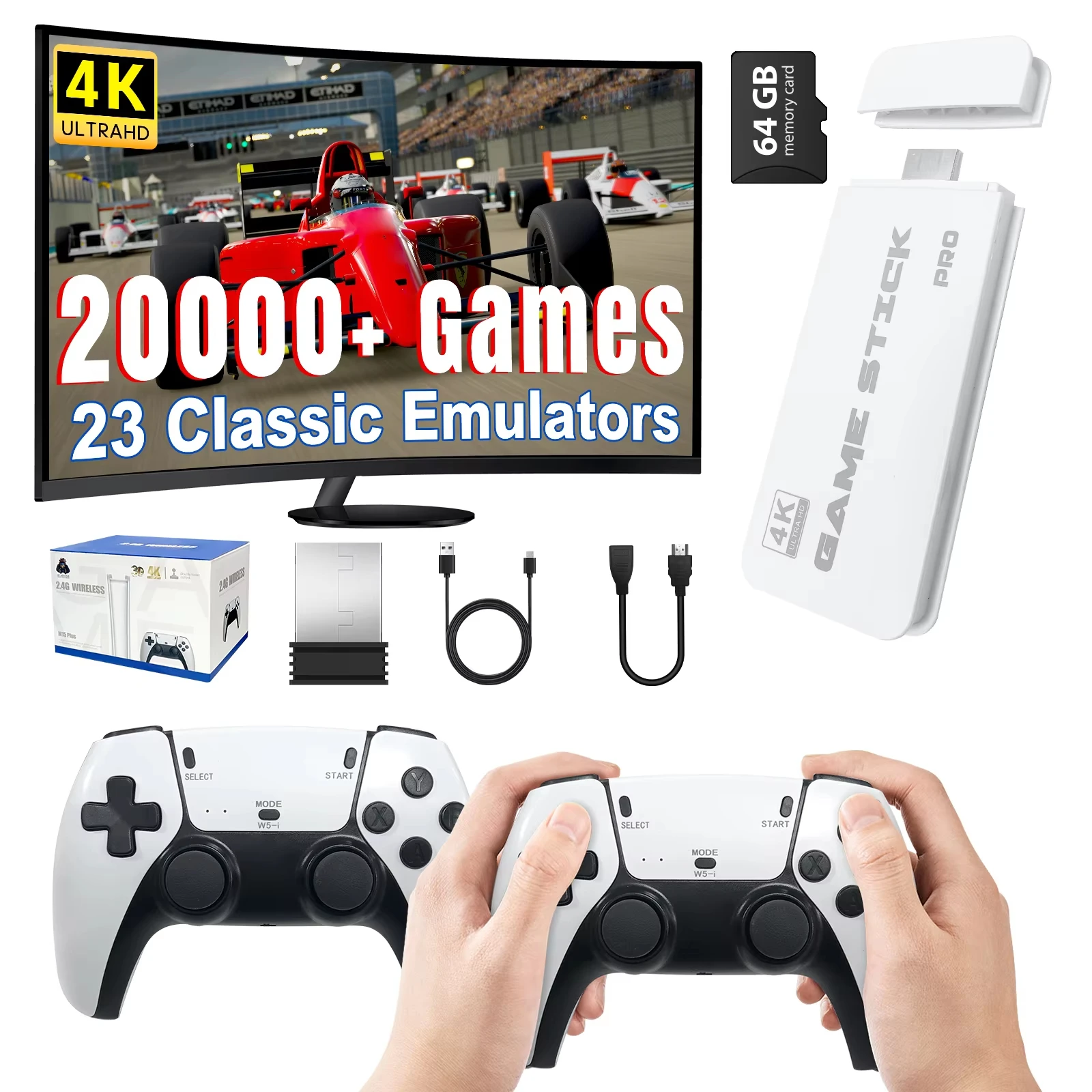 4K TV Game Stick M15 Videospielkonsole 64G Eingebaute 20.000 Spiele Wireless Controller Gamepad Retro Handheld-Spielekonsole Image