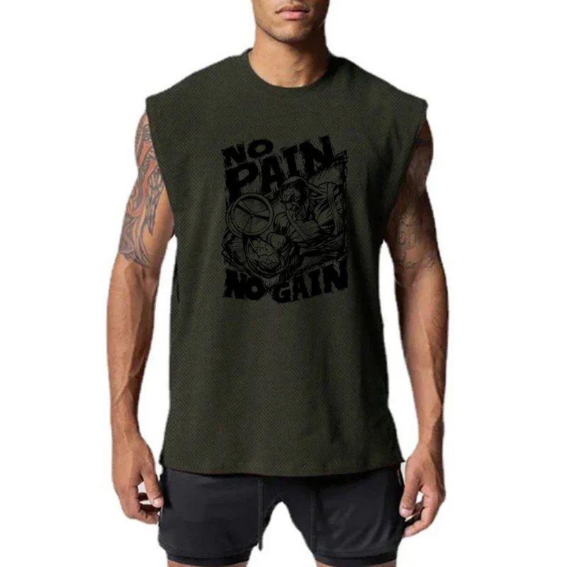 Keine Schmerzen kein Gewinn drucken Fitness studio Fitness Kleidung Mesh atmungsaktive ärmellose schnell trocknende Tanktops Herren Bodybuilding Workout Muskel hemd Image