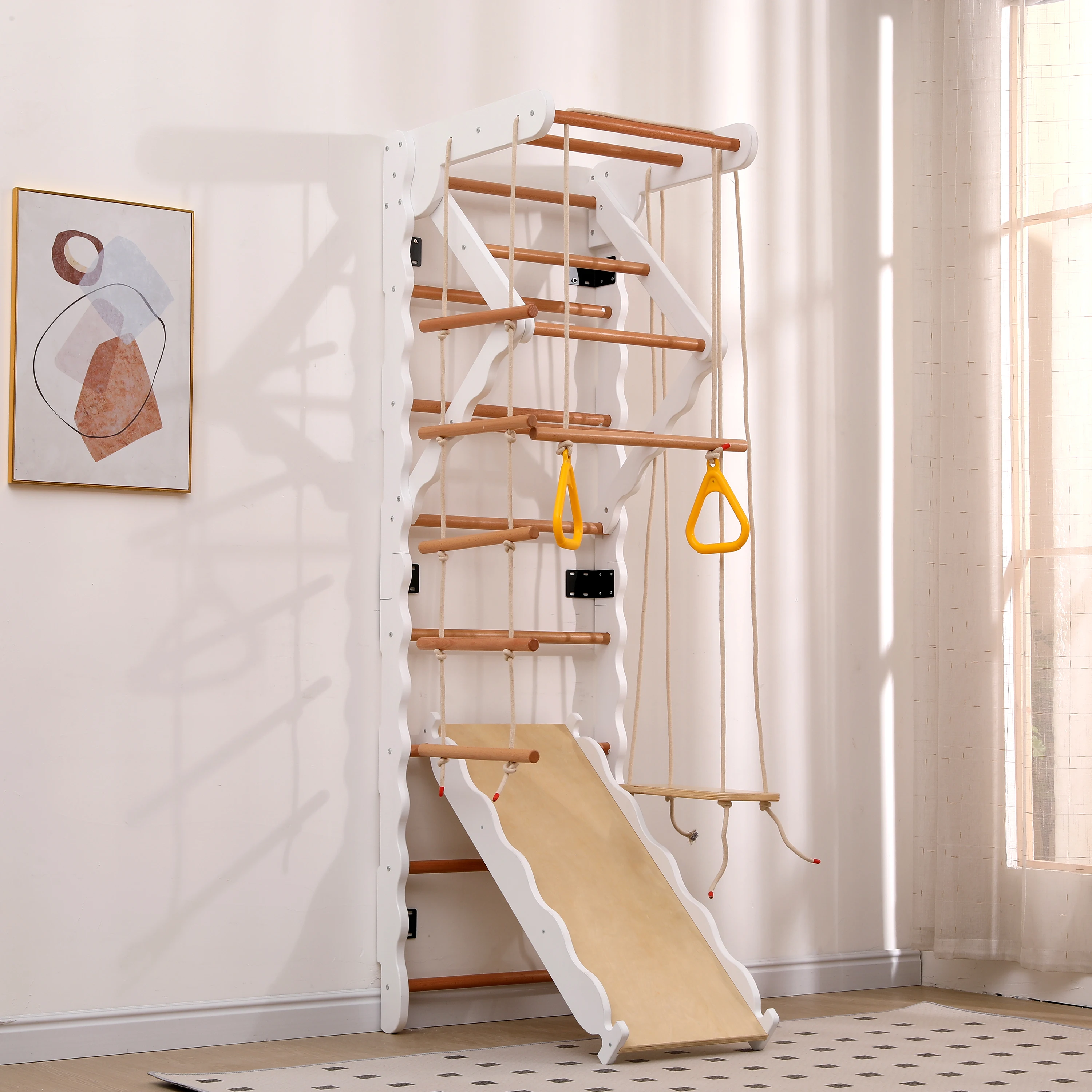 6-in-1 Multifunktions Klettergerüste, Sprossenwand.Sperrholz, Massivholz, Buche. 50KG. Rutsche, Schaukel, Krabbelleiter, Klettergerüst, Klimmzugsbereich. Ringe. Jungle Gym-Set. Image