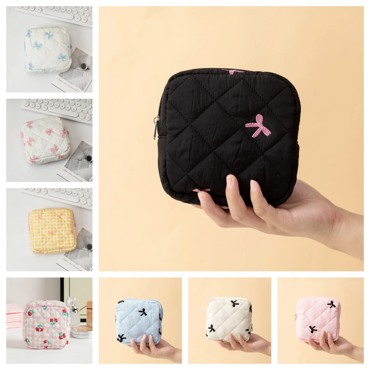 Borsa per assorbenti igienici con fiocchi floreali carini per ragazze Borsa per assorbenti igienici portatile Borsa per cosmetici per rossetto Borse per trucco Portamonete Portamonete