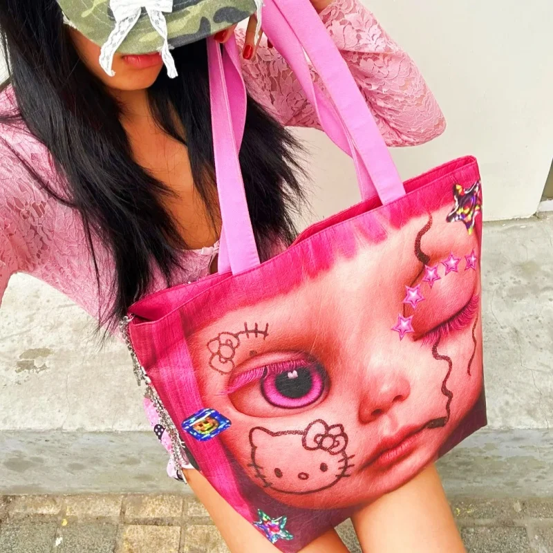 Y2K Aesthetic Kitty Doppelseitige Schultertasche mit großem Fassungsvermögen, Baddie-Handtasche für Cosplay- und Animationsderivate Image