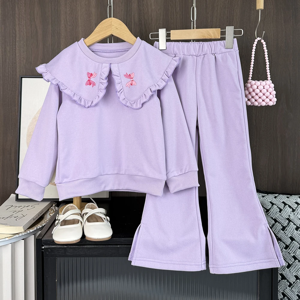 Herbst Lila Kinderkleidung Revers und Schleife Aufdruck Langarm Top + Hose Zweiteiliges Set Modische und lässige Mädchenkleidung Image