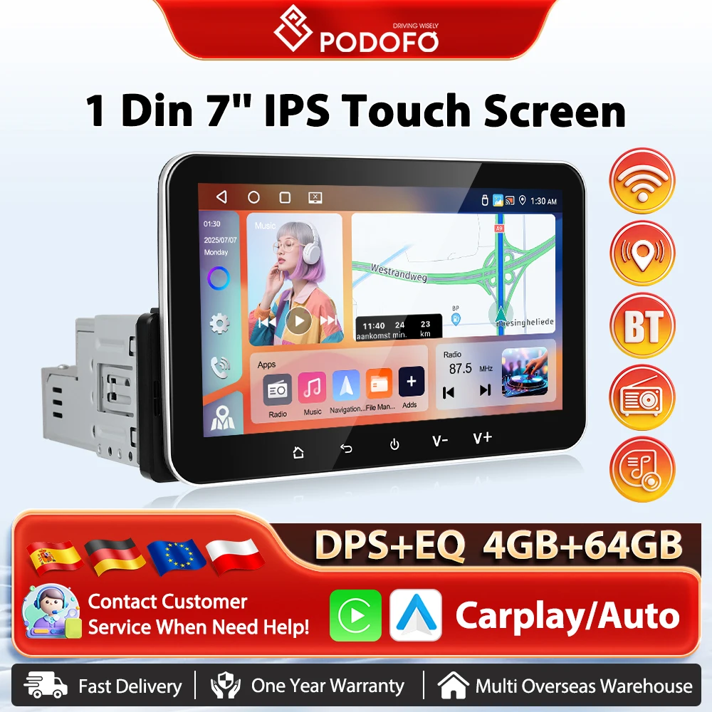 Podofo Drahtlose Carplay 4 + 64G Auto Intelligente System Player Android AI Stimme DSP GPS Navigation Auto Radio WIFI BT RDS Autoradio Image