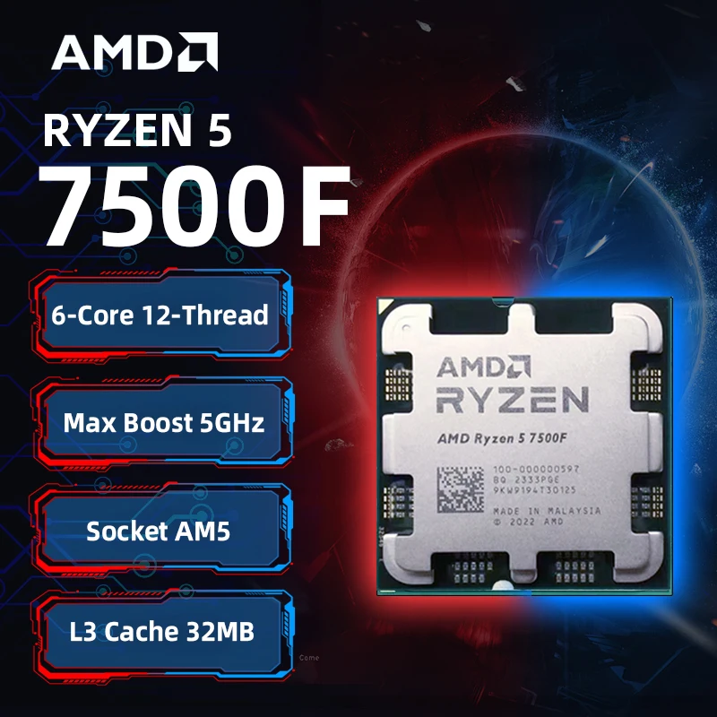 Processore AMD Ryzen 5 7500F, CPU AMD R5 7500F fino a 5GHz, 6 core, 12 thread, socket AM5, CPU desktop da gioco per PC gamer