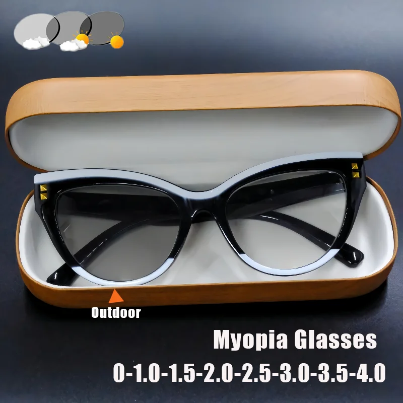 Runde photochrome Myopie-Brille mit Reisnagel, modische Damen-Brille mit personalisiertem UV-Schutz, Minus-Dioptrien, 0 bis -4,0 Image