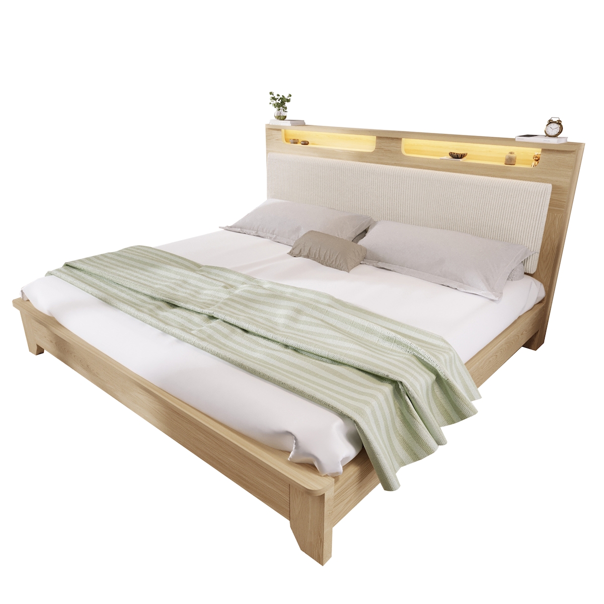OKWISH Polsterbett 160x200 cm mit LED-Beleuchtung, Stauraum, Eichenrahmen und Cord-Rückenlehne – modernes Bett mit optionaler Bettbank Beige Image
