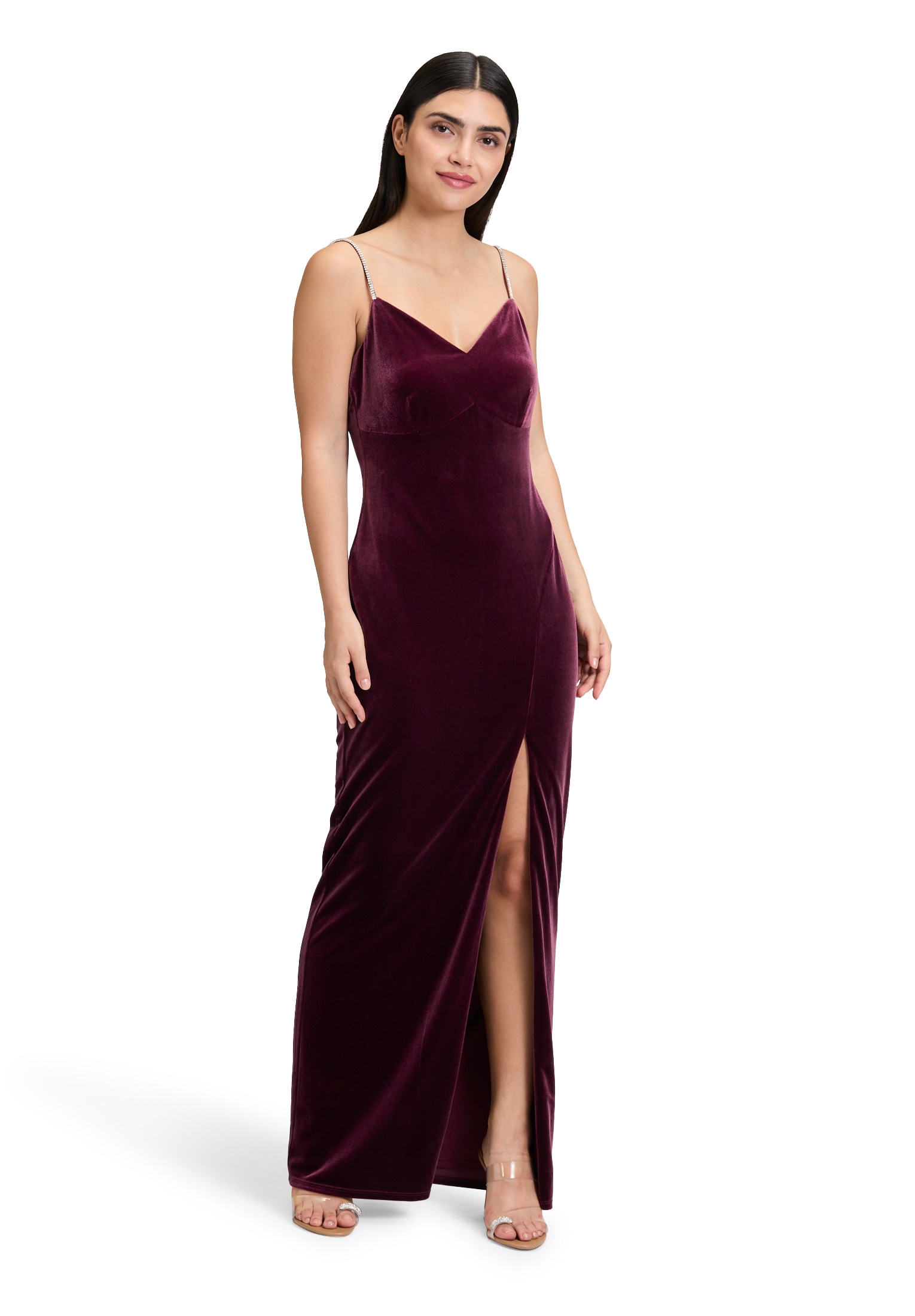 Abendkleid VERA MONT "Damen Abendkleid mit Strass", Damen, Gr. 40, Normalgrößen, rot (wild ruby), Samt, Obermaterial: 90% Polyester, 10% Elasthan. Besatz: 100% Polyester. Futter: 100% Polyester., eng lang, V-Ausschnitt, Kleider Image