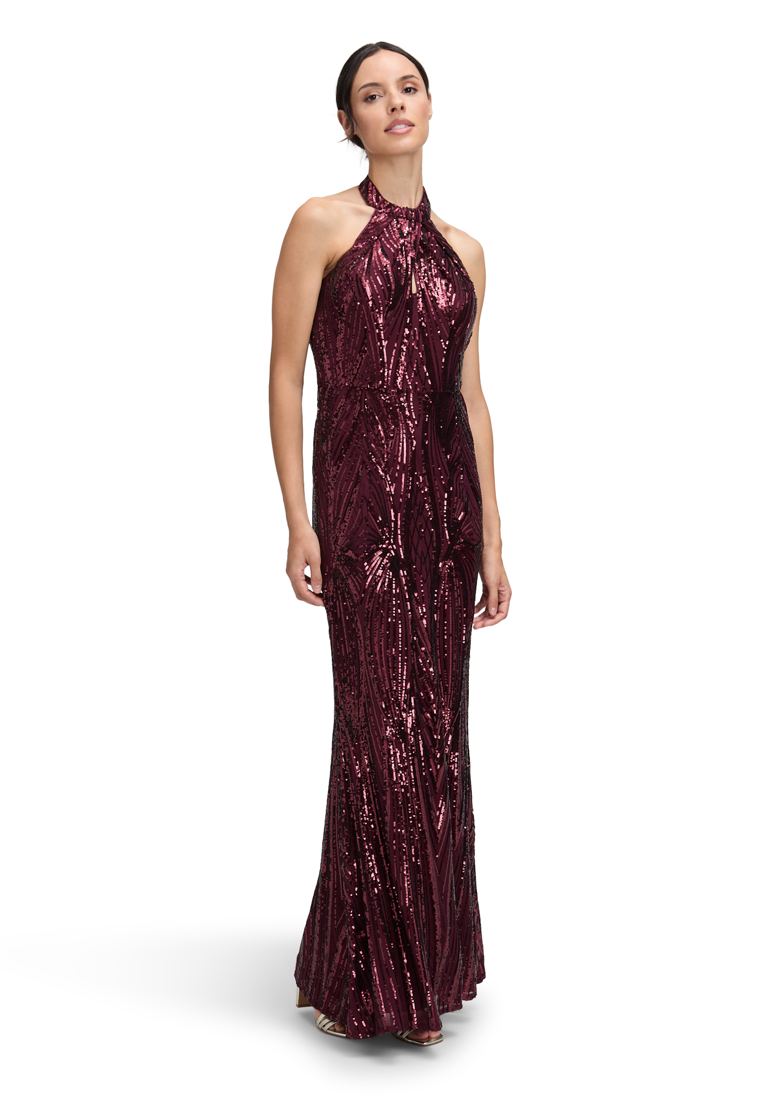 Abendkleid VERA MONT "Damen Abendkleid im Glitzer-Look", Damen, Gr. 38, Normalgrößen, rot (wild ruby), Mesh, Obermaterial: 97% Polyester, 3% Elasthan. Besatz: 100% Polyester. Futter: 100% Polyester., figurbetont lang, Neckholder, Kleider Image