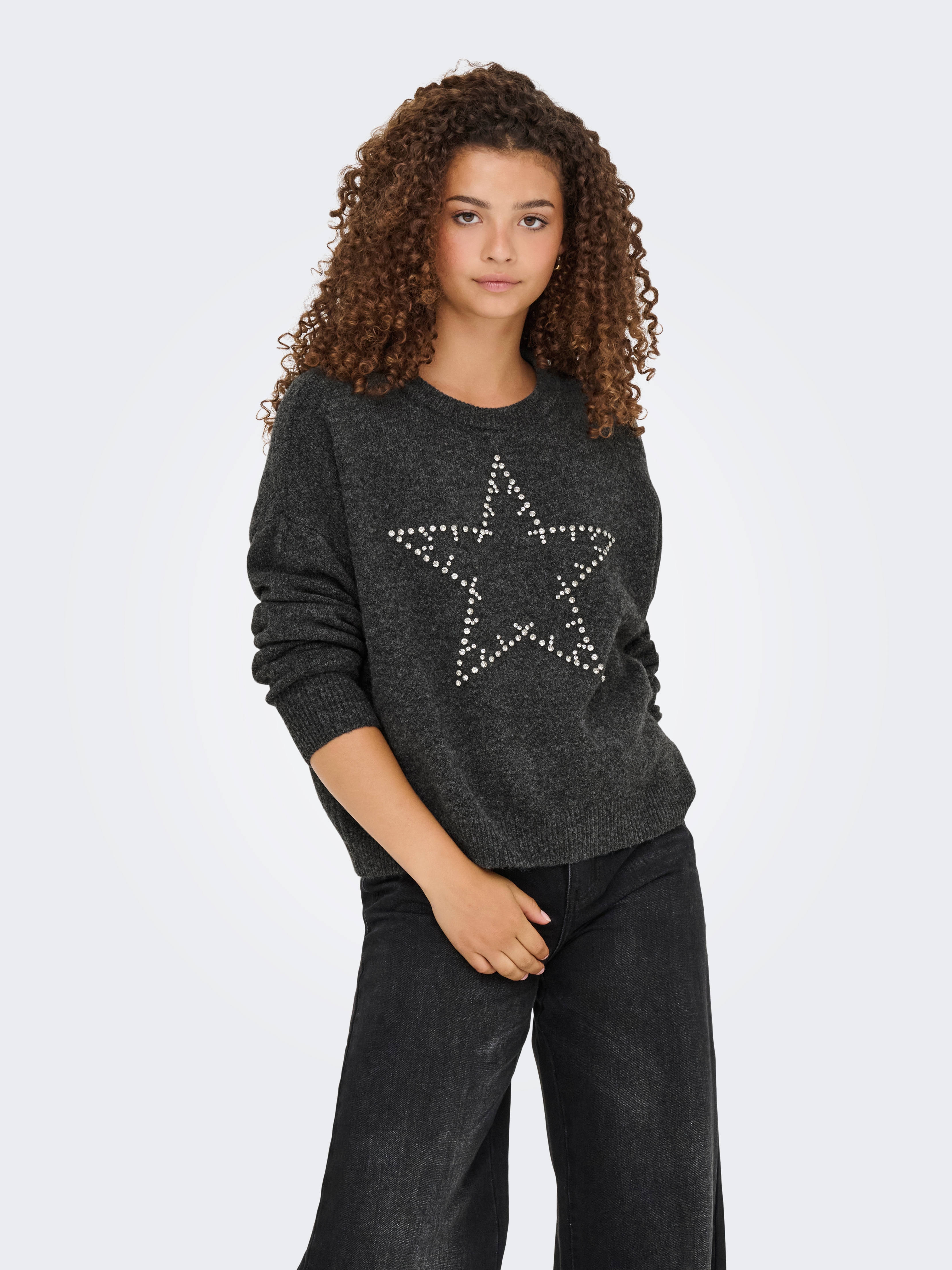 Strickpullover ONLY "ONLRENATA LS O-NECK BLING KNT", Damen, Gr. L, dunkelgrau melange detail:silber bling, Strick, Obermaterial: 93% Polyester, 4% Wolle, 3% Elasthan, meliert, regular fit, Rundhals, Rippstrickbündchen, Pullover Strickpullover