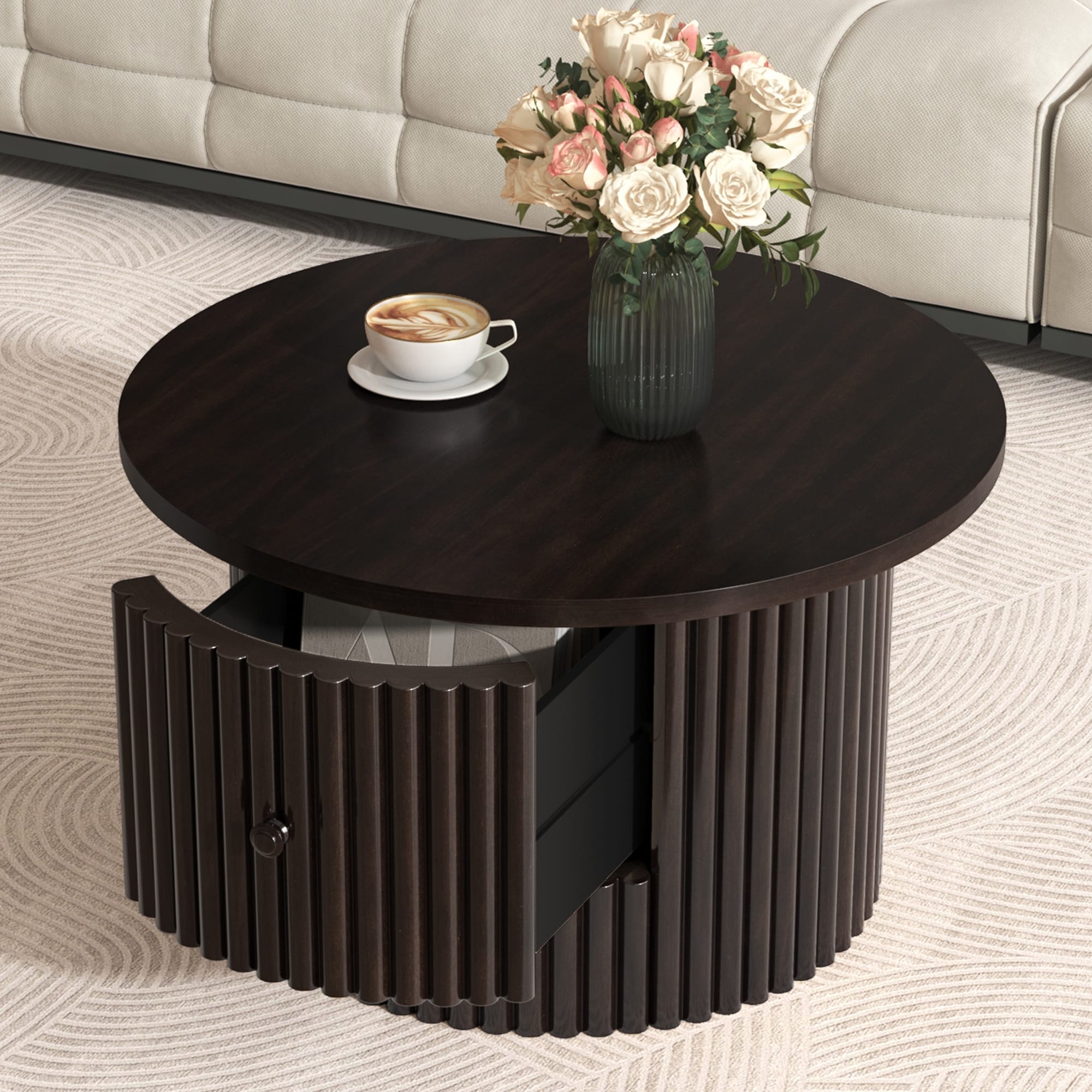Round Coffee Table for Living Room in Dark Brown, Farmhouse Coffee Table with a Drawer,Center Table