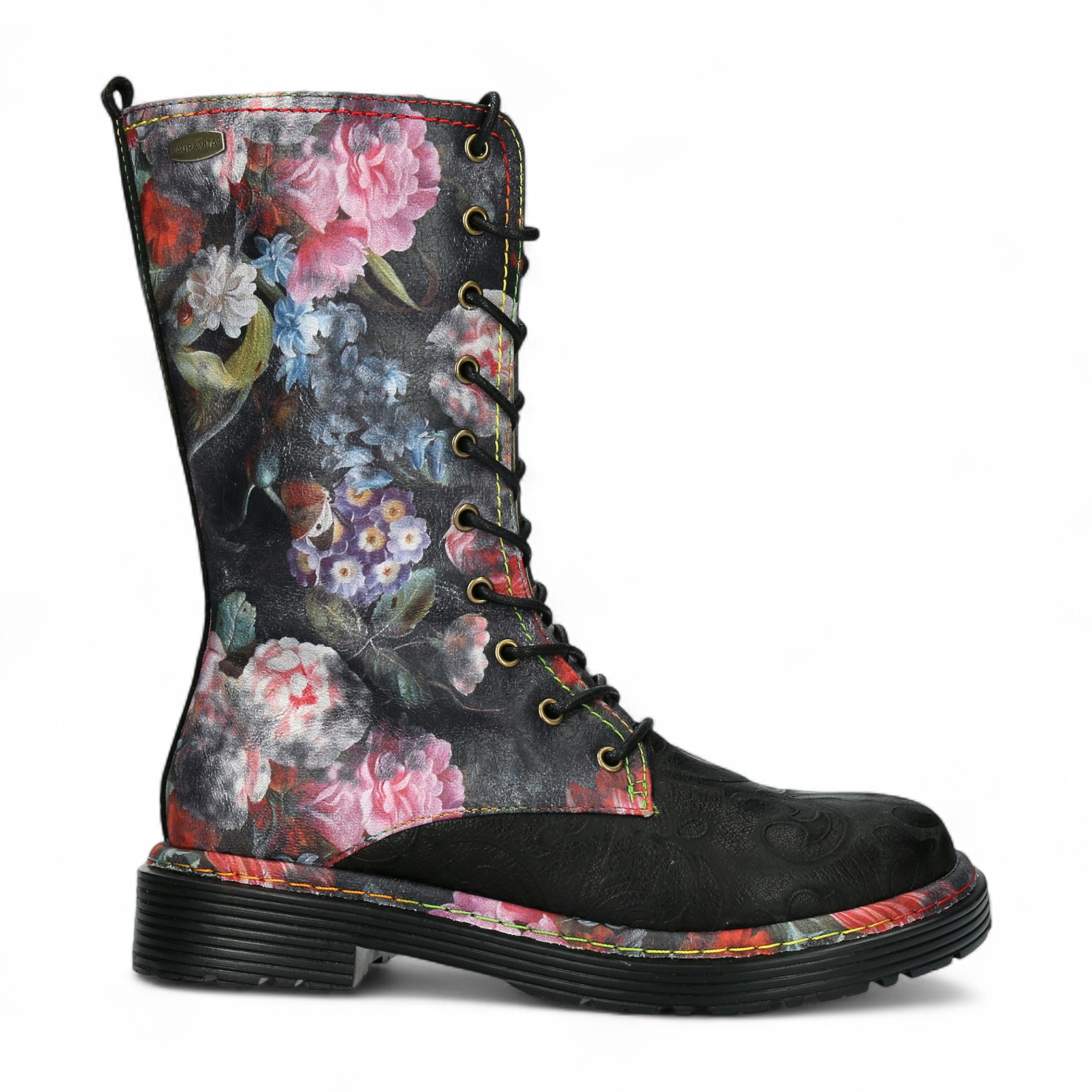 Laura Vita Incaso-18 Schwarze Damenstiefel mit Blumenmuster, Gothic-Stil, viktorianisches Leder