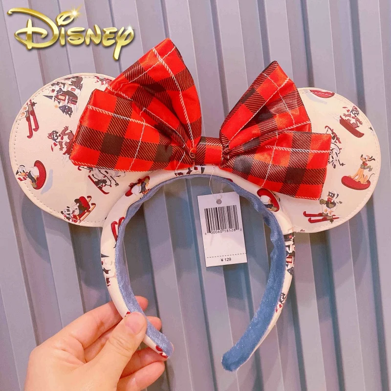 Disney-Bandeau de sauna Minnie avec oreilles, cuir Disneyland, nœud à paillettes, accessoires pour cheveux de fête, cadeau original, 2024