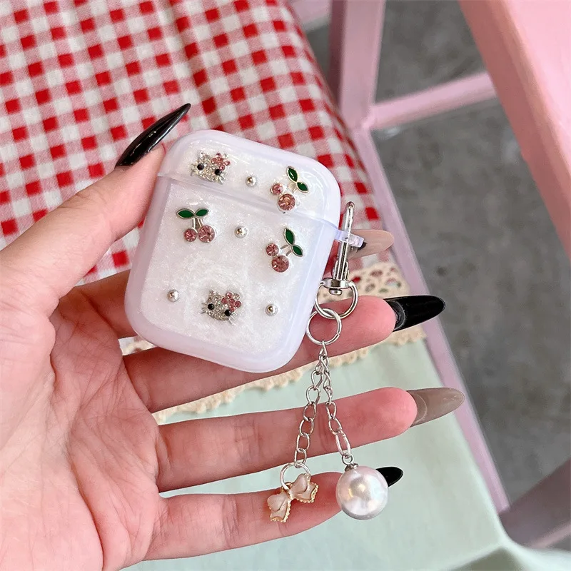 Cartoon Glitter Kirsche Kätzchen Kopfhörer Fall Für Airpods 4 2 3 1 Pro 2nd Bluetooth Lade Box Headset Abdeckung mit Perle Schlüsselbund Image