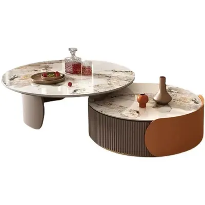 Light luxury rock slab coffee table TV cabinet combination living room household telescopic size round coffee table