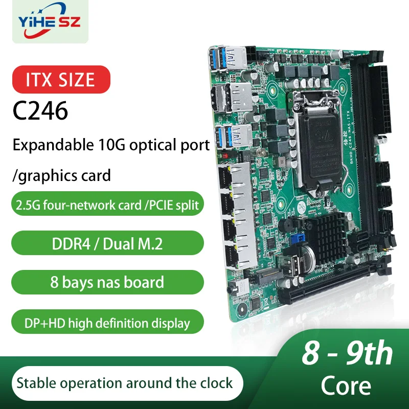 C246 ITX NAS Motherboard 8 SATA 3.0 4*I226 2,5G 2*M.2 NVME 2*DDR4 PCIE 16X NAS Board LGA1151 Unterstützung 8./9. Core CPU i3-9100 Image