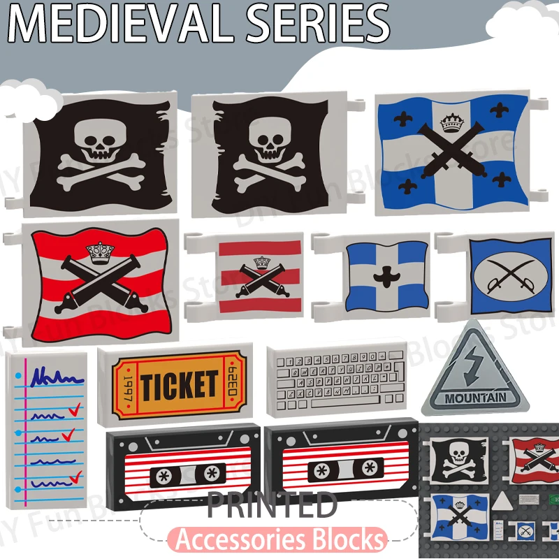 Mittelalterliche Militärburg Piratenflagge Gedruckte Serie Bausteine Stadt Street View Computer Radio Zubehör Ziegel Spielzeug Geschenk