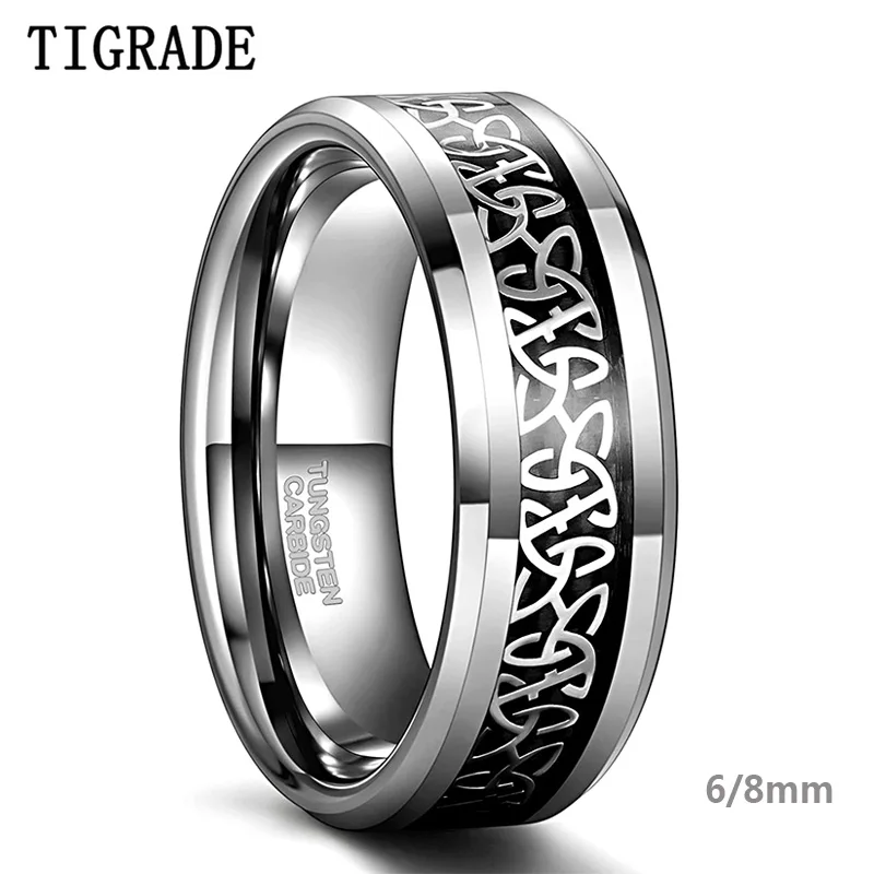 TIGRADE Anelli di tungsteno da 6/8 mm per uomo Donna Anelli con nodo celtico color argento Fedi nuziali con intarsio in fibra di carbonio nera per lui