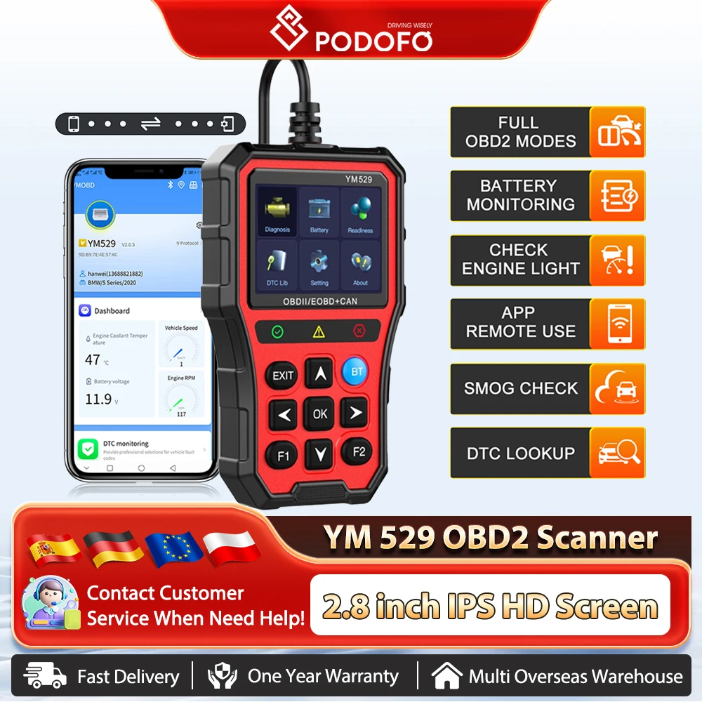 Lecteur de Code Podofo Scanner de Code de défaut outil de Diagnostic de voiture multilingue YM529 lecteur de Code OBD2 vérifier le Test de batterie du système de moteur