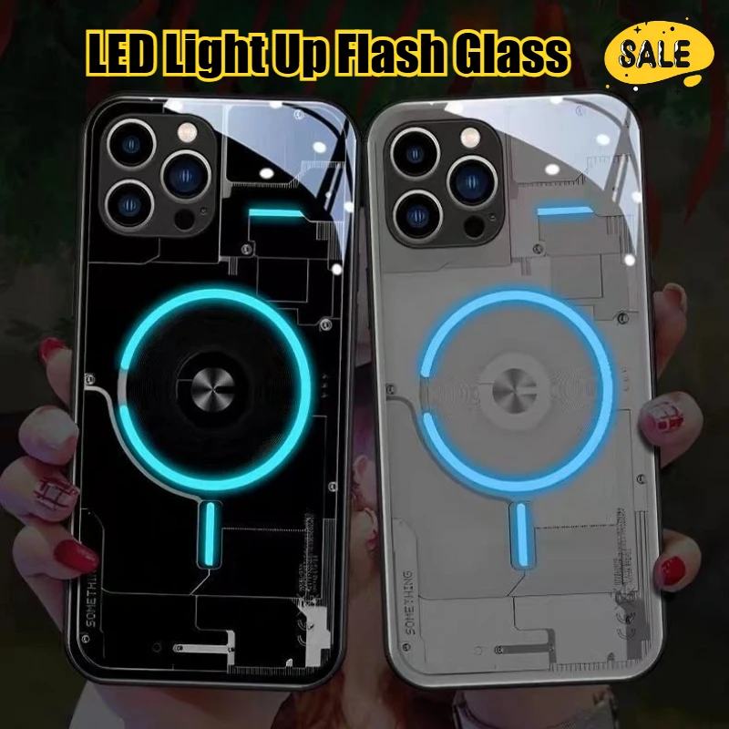 Custodia per telefono in vetro Flash con illuminazione a LED Tech-Forward per IPhone 16 15 14 13 12 11 Pro Max Mini Xs Xr 7 8 Plus Cover antiurto