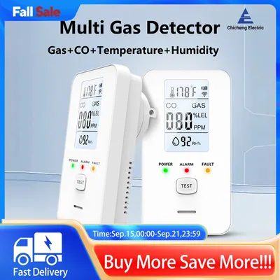 4 in 1 Gas Detector Carbon Monoxide Detector AC Plug in Temperature Humidity Sensor Gas Leak Detector LCD Display for Home RV
