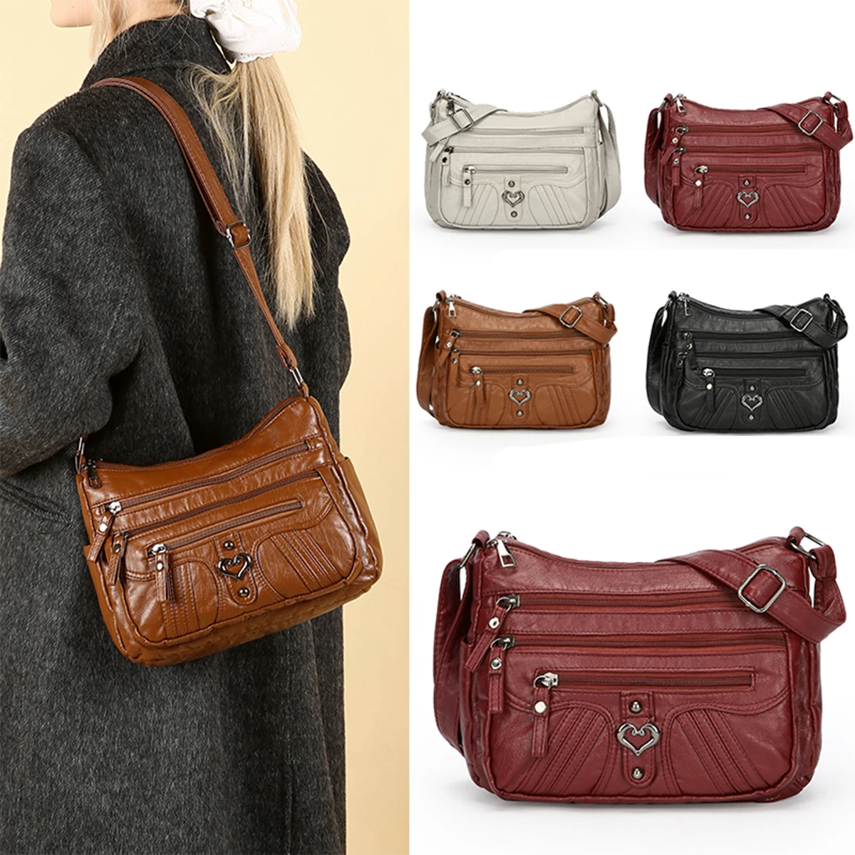 Sac à bandoulière rétro matelassé à rayures, couleur unie, bourse en PU, accent de cœur en métal, organisateur spacieux, fermeture éclair pour un usage quotidien essentiel