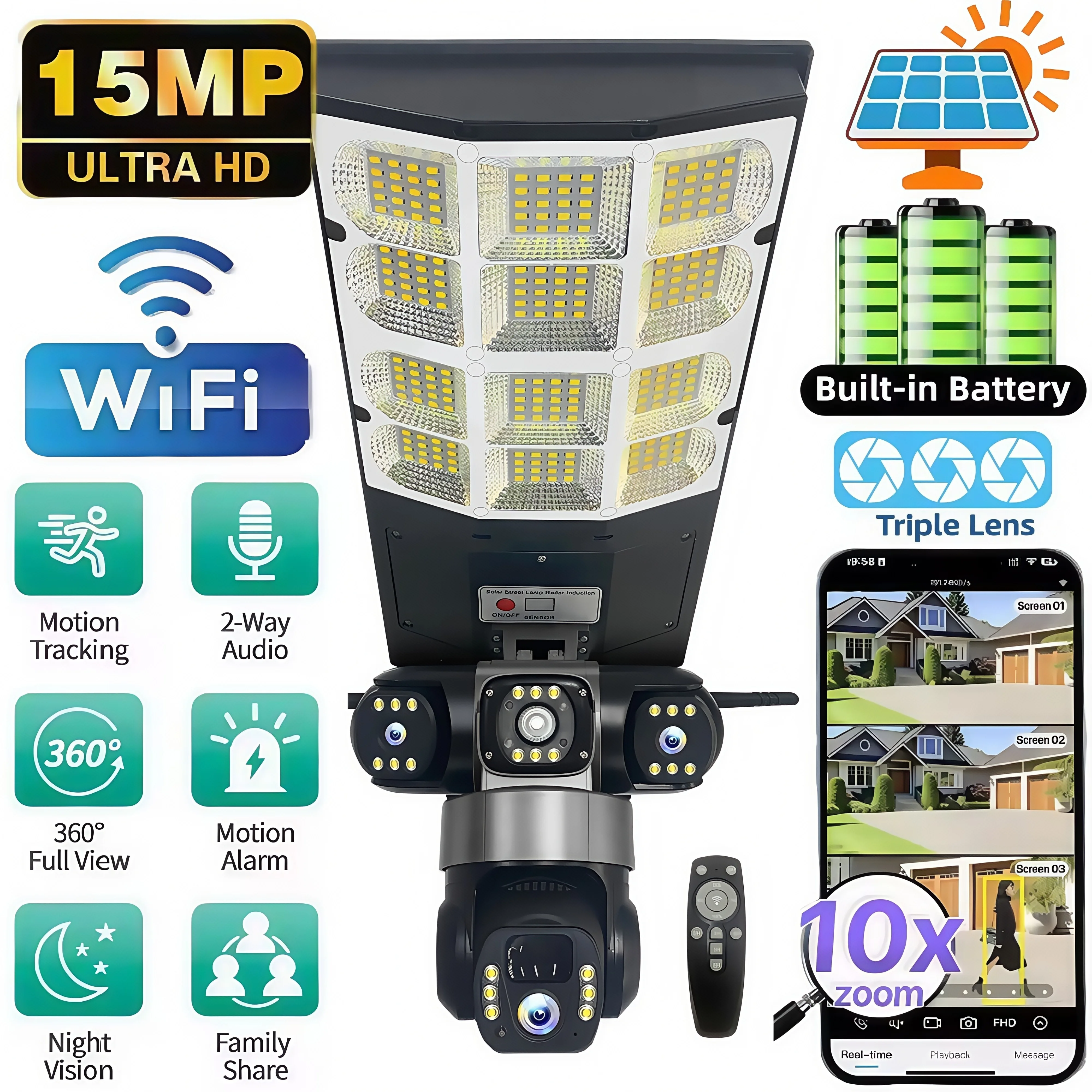 Solar WIFI Straßenlaterne HD Kamera 15MP 10X Zoom Drei Objektiv Aufnahme Humanoiden Tracking Außenkameras LED Lampe Fernbedienung Image