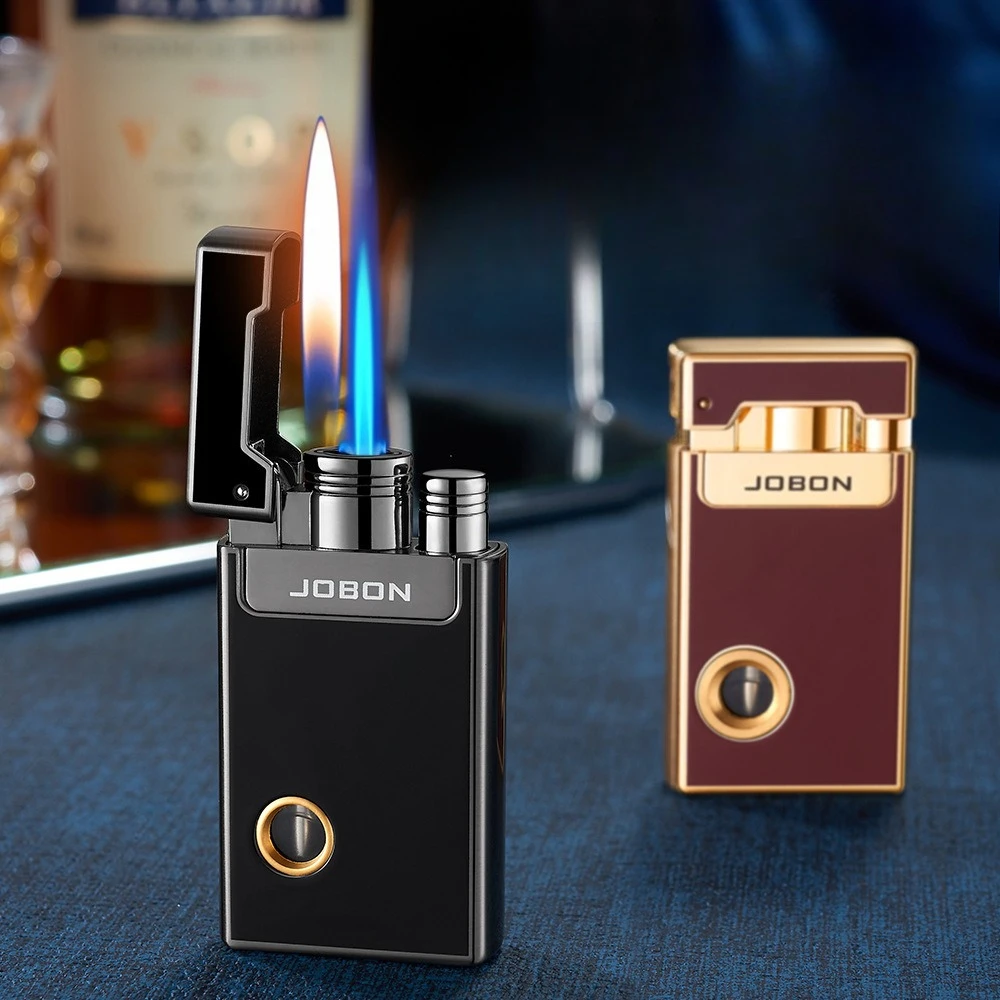 JOBON Dual Flame Gasfeuerzeug, transparente, sichtbare Gaskammer, direkt sprühendes, weiches Feuer für 2 Zwecke, Weihnachtsgeschenk für Männer Image