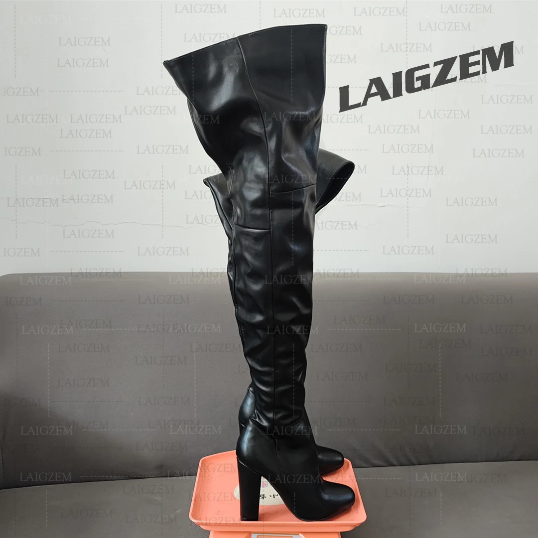 LAIGZEM Frauen Oberschenkel Hohe Stiefel Zip Up Dicke High Heels Stiefel Kunstleder Über Knie Stiefel Damen Schuhe Frau Große Größe 44 47 52