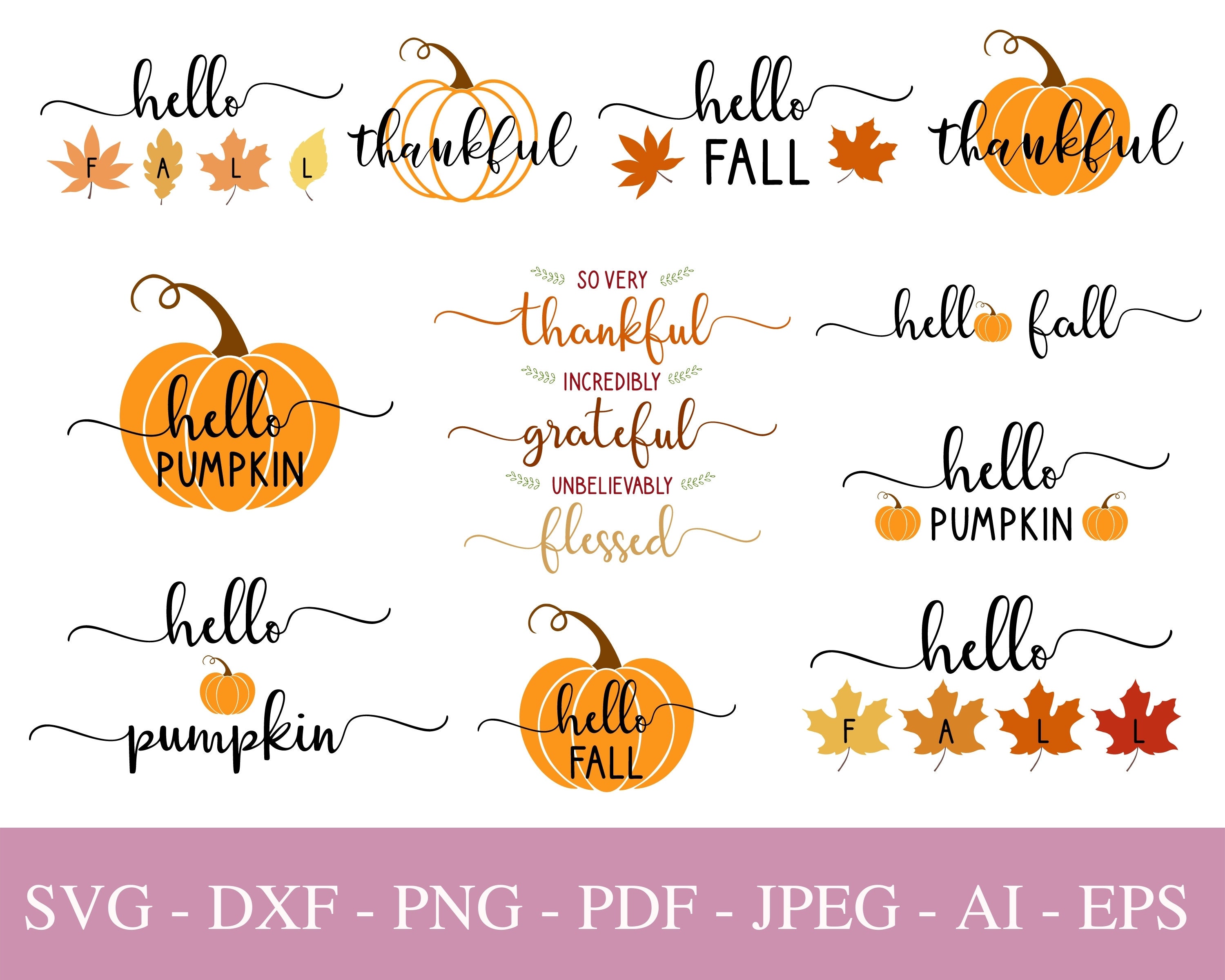 Pacchetto SVG Hello Fall, file Svg del Ringraziamento per Cricut, Hello Pumpkin Svg Png Dxf Pdf, Fall Quotes Svg, Thankful Svg, Download digitale.