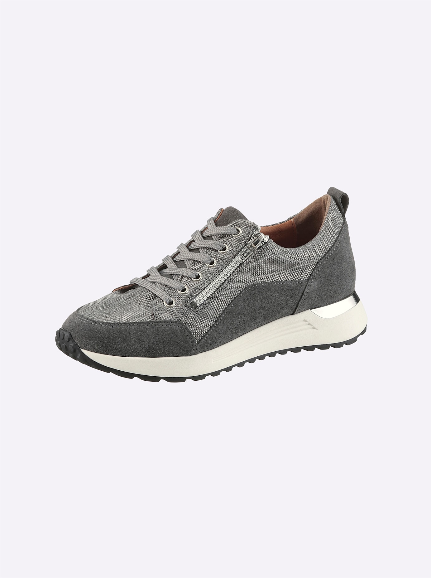 Sneaker HEINE, Damen, Gr. 39, grau (grau, grau, metallic), Leder, Textil, Veloursleder, Schuhe