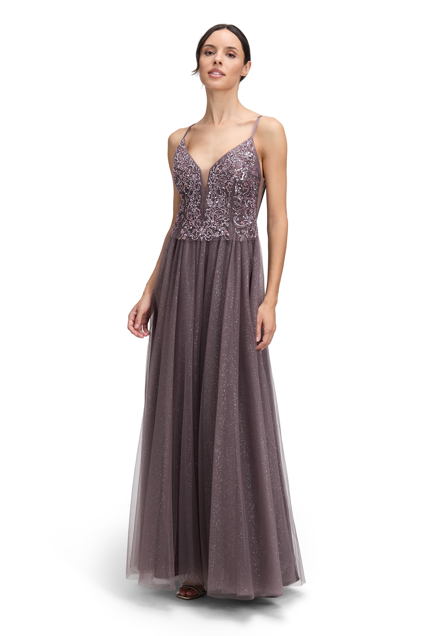 Abendkleid VERA MONT "Damen Abendkleid mit Stickerei", Damen, Gr. 42, Normalgrößen, lila (mauve graupe), Tüll, Obermaterial: 100% Polyamid. Futter: 100% Polyester., ausgestellt lang, Kleider Image
