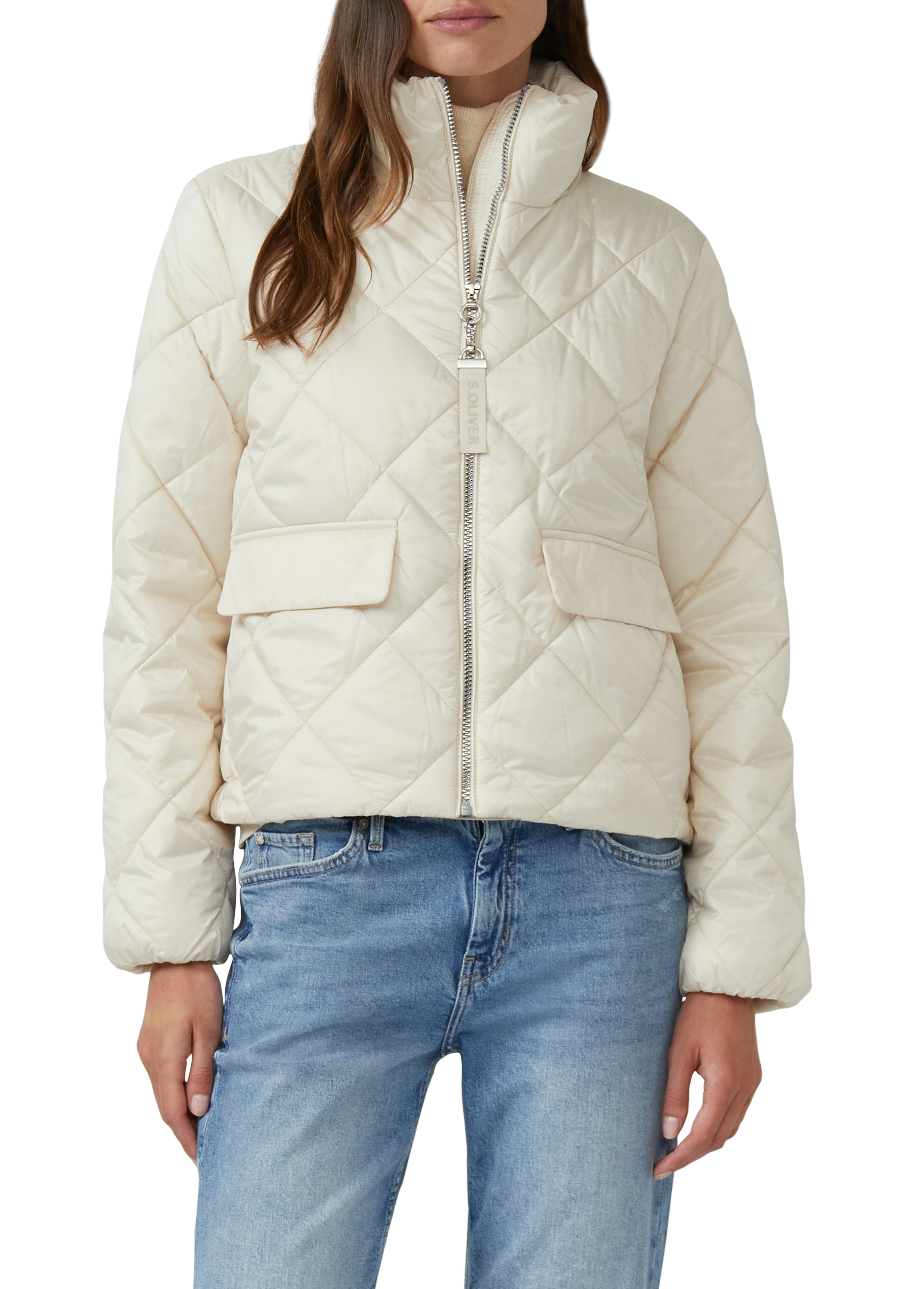Steppjacke S.OLIVER, Damen, Gr. 36, cream weiß, Web, Obermaterial: 100% Polyester. Futter: 100% Polyester, unifarben, regular fit hüftlang, Rundhals, elastischer Bund, Jacken Steppjacke, mit Stehkragen