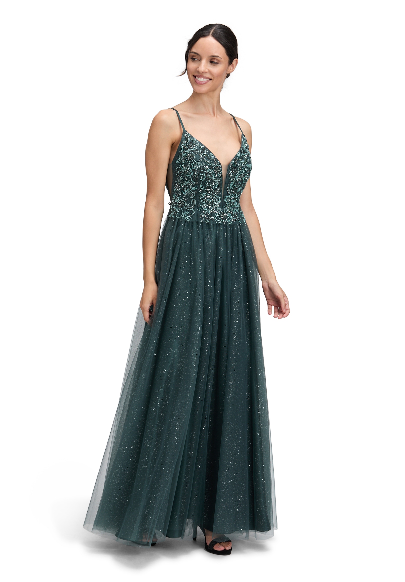 Abendkleid VERA MONT "Damen Abendkleid mit Stickerei", Damen, Gr. 38, Normalgrößen, grau (dusty slate), Tüll, Obermaterial: 100% Polyamid. Futter: 100% Polyester., ausgestellt lang, Kleider Image