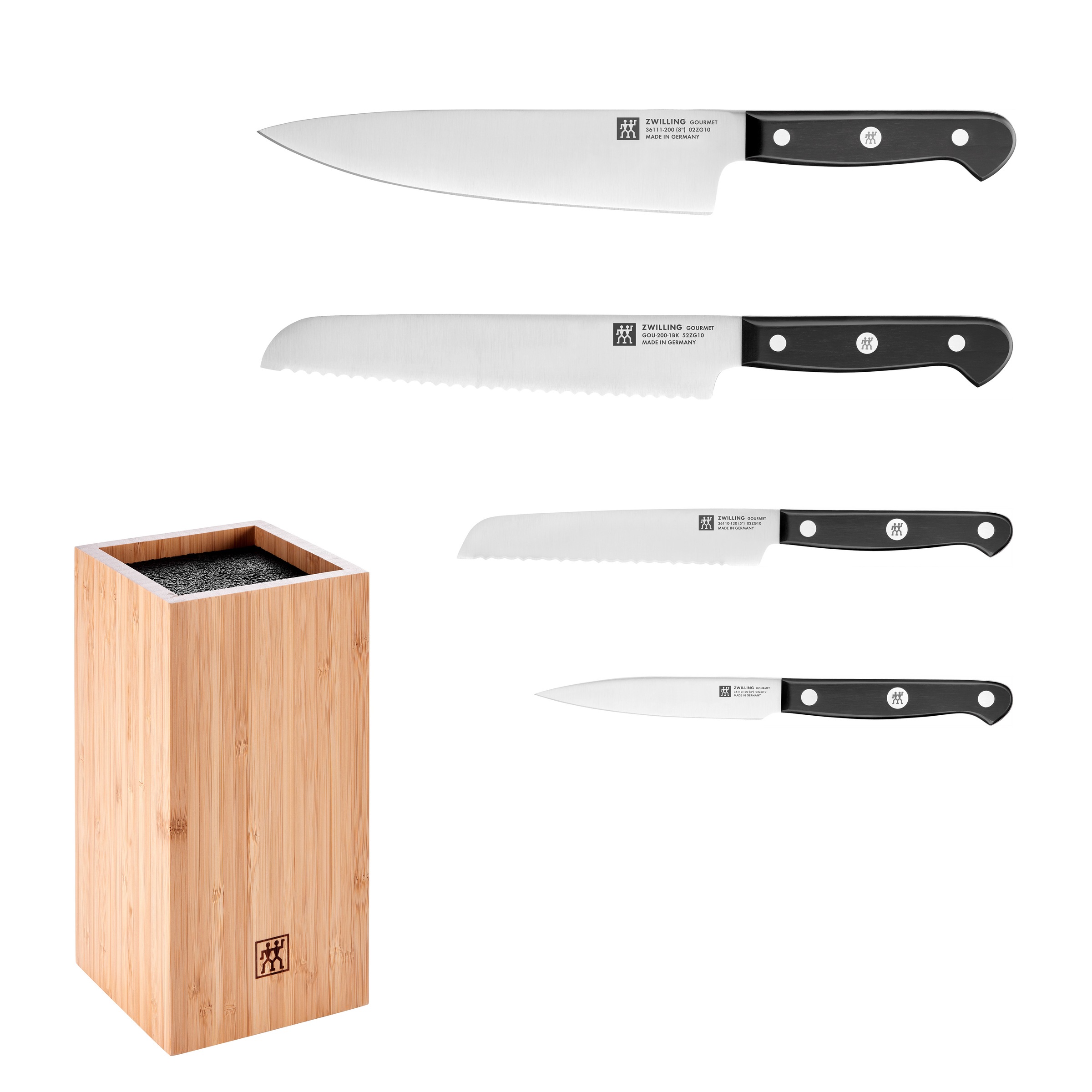 Messerblock ZWILLING "Gourmet, inkl. 4 Messer", braun, B:12cm H:24cm L:12cm, Messerblöcke, mit flexiblen Kunststoff-Borsten, Bambus Image