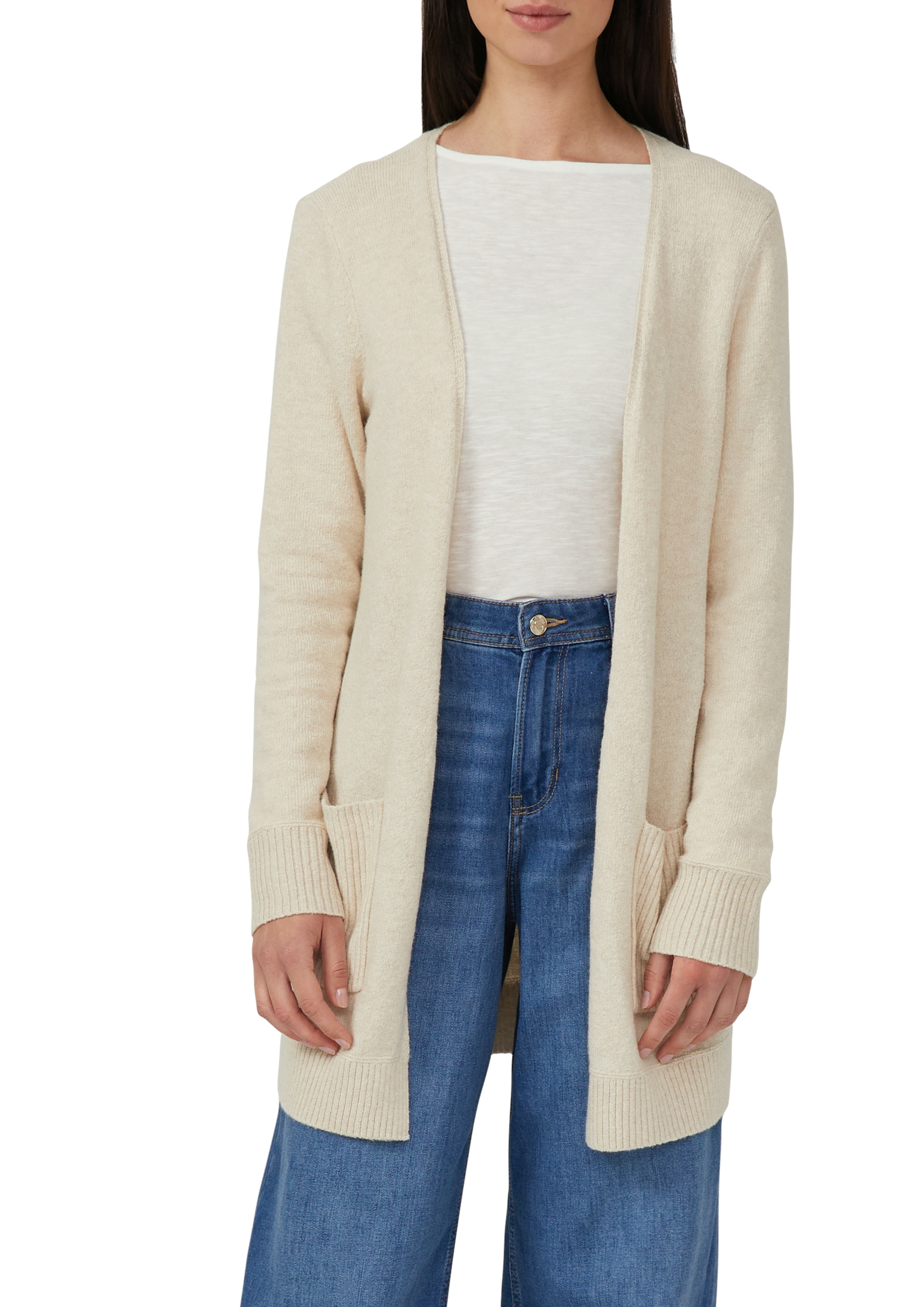 Strickjacke S.OLIVER, Damen, Gr. 38, beige (beige melange), Strick, Obermaterial: 50% Baumwolle, 25% Polyamid, 14% Polyacryl, 8% Wolle, 3% Elasthan, meliert, Casual, regular fit Mitte Oberschenkel, Rundhals, Rippbündchen, Strickjacken, mit...