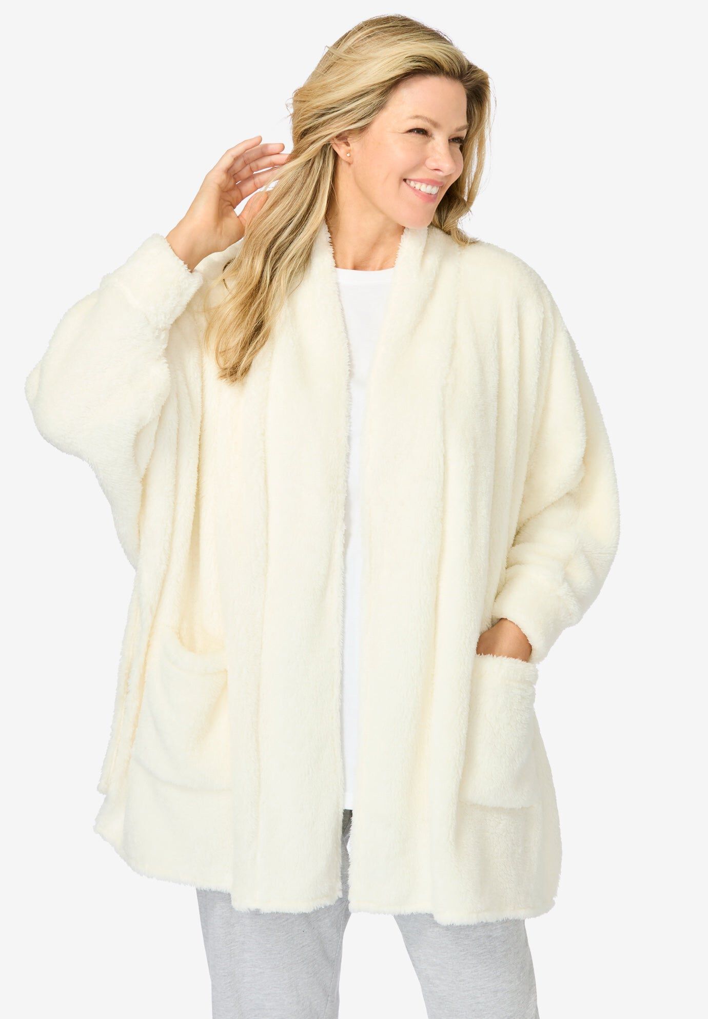 Plus Size Women's Dreams & Co. Fluffy Bed Jacket. by Dreams & Co. in Ivory Marled (Size 1X)