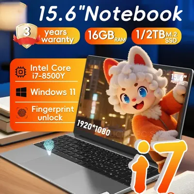 15.6 Inch Laptop Intel Core i7-8500Y Windows 11 Fingerprint Unlock PC Office Study NoteBook Gaming Computer 16GB RAM Laptops