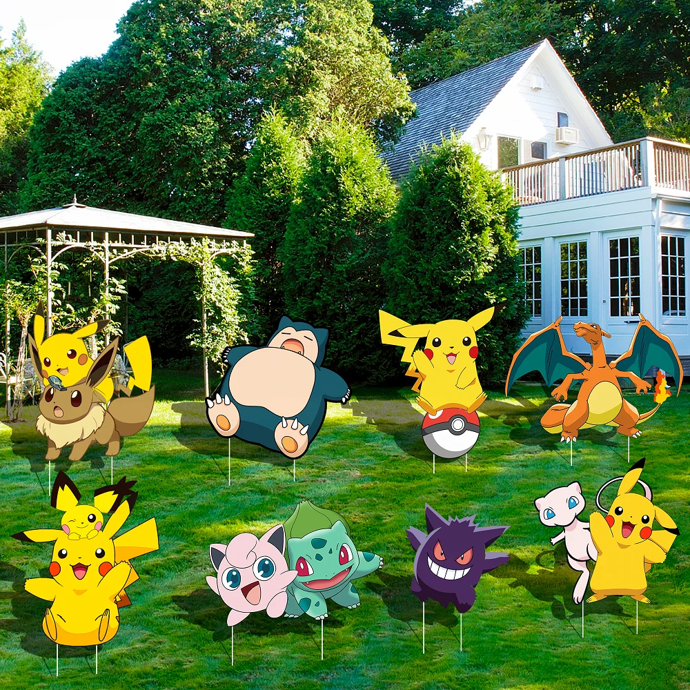 Pokemon-Themen-Hofschilder, 8 Stück Pokemon-Hofschilder mit Pfählen für Pokemon-Party-Dekorationen, Zubehör und Pokemon-Außendekoration Image