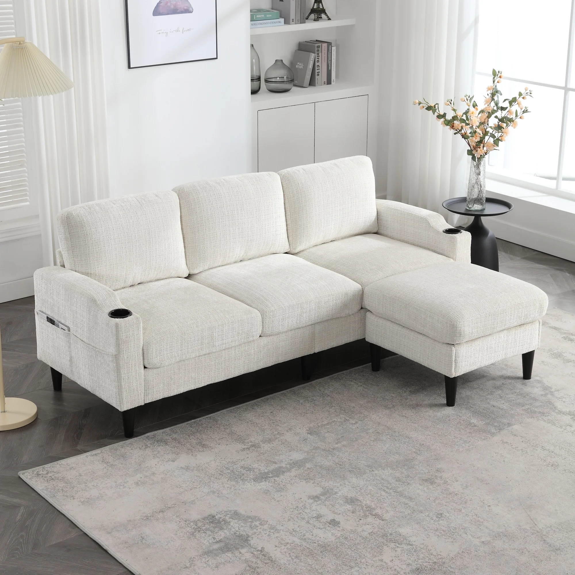 Sofa mit Hocker Und Stauraum, 4-Sitzer Polstersofa mit Getränkehalter, Armlehnen Und Seitentaschen Für Wohnzimmer Image