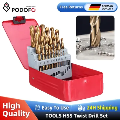 Podofo 25pcs 1-13mm Round Shank Tool HSS Twist Drill Bit Set Titanium Coated Hole Cutter High Speed Steel Drill Bit Woodworking