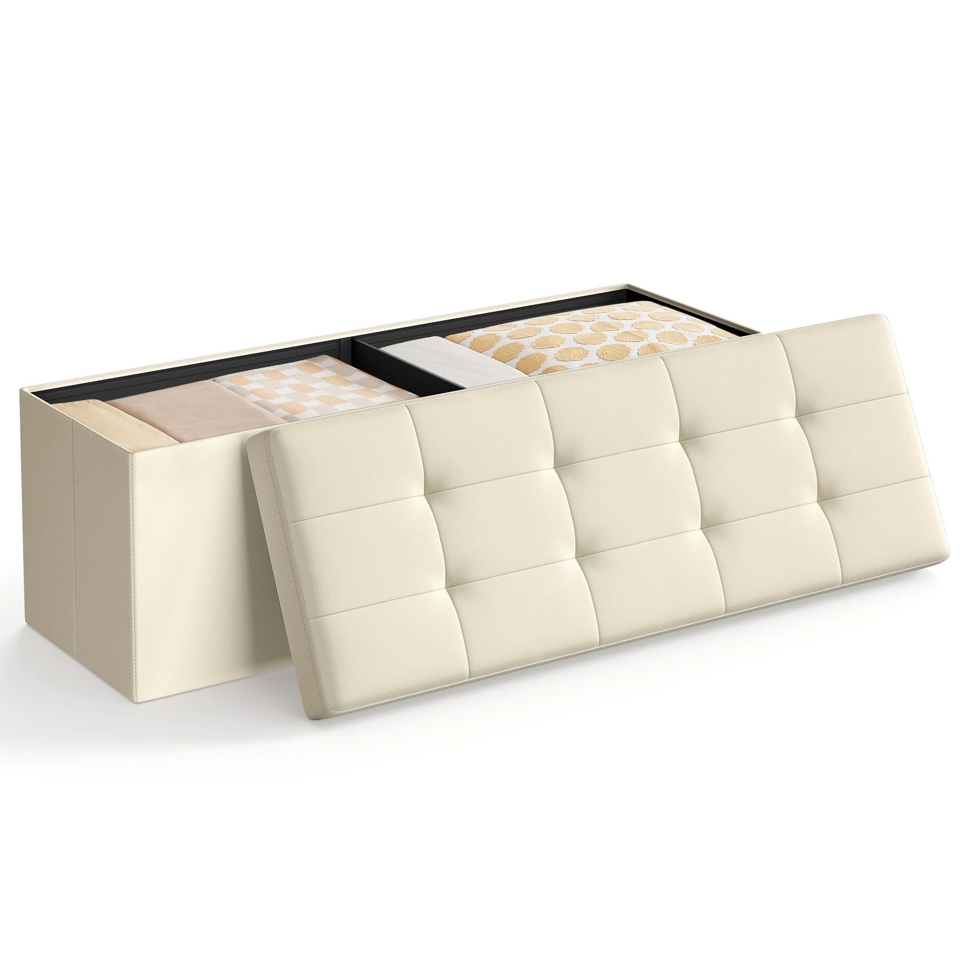 Sitzbank mit Stauraum, 110 cm, klappbare Sitztruhe, Aufbewahrungsbox, Fußbank, Beige