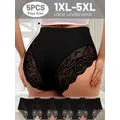 5 golare Biancheria intima di pizzo taglie forti da donna, 1XL-5XL, vita alta, sexy, tinta unita, elasticizzata media, slip, per donne curve